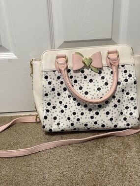 Betsey Johnson White and Pink Polka Dot Satchel with Bow Accent